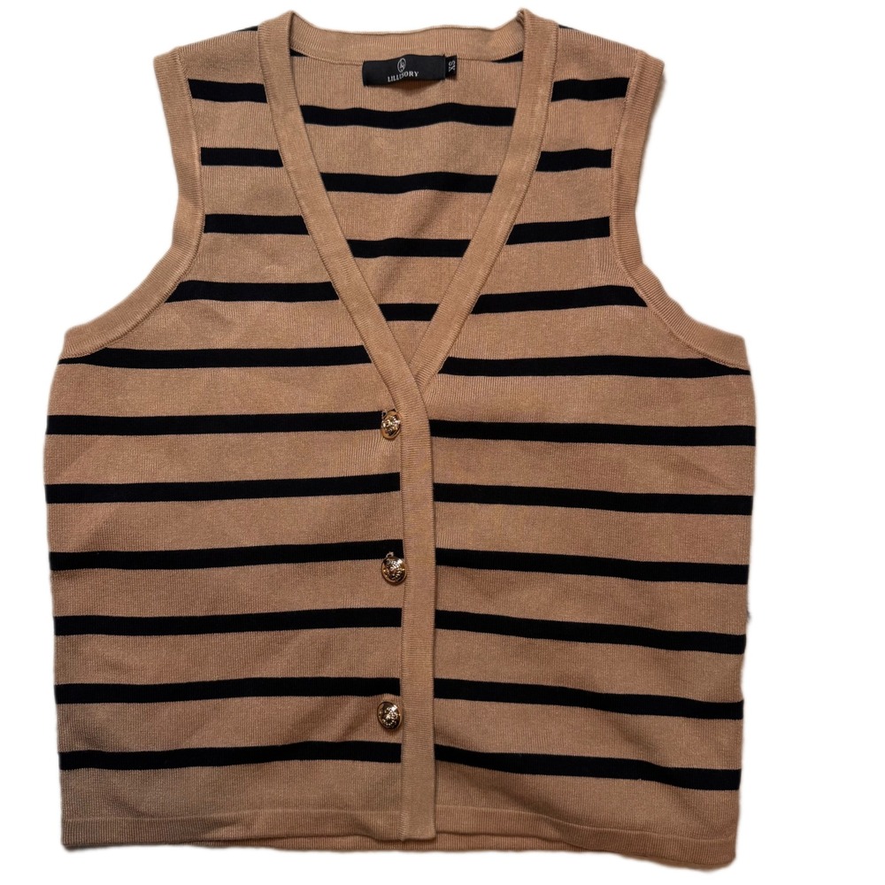 Lillusory Striped Knit Vest Top XS Sleeveless Button Up Sweater Tank Brown Black